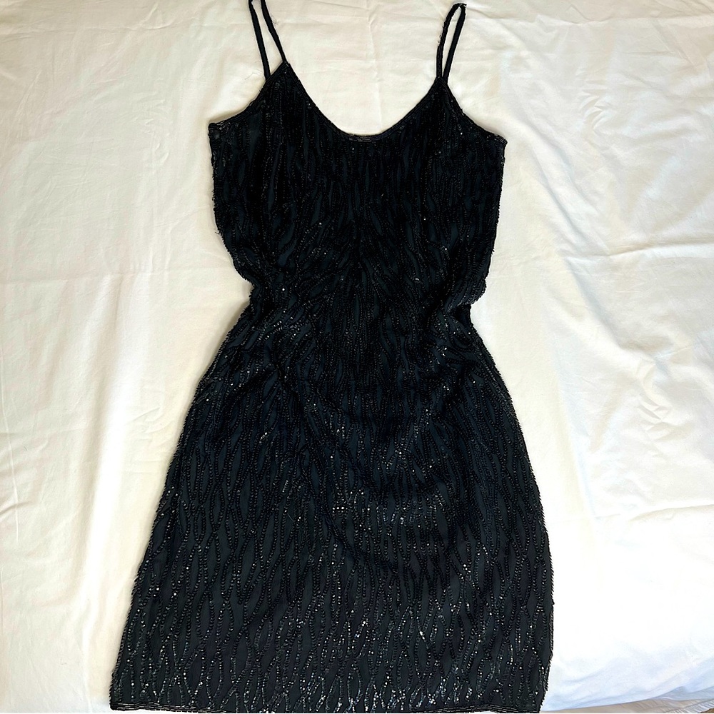 Vintage Stenay Beaded Little Black Dress Silk Slip Style Dress Intricate Beading